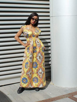 African Dress in Gold Ankara Print - Festival Dress