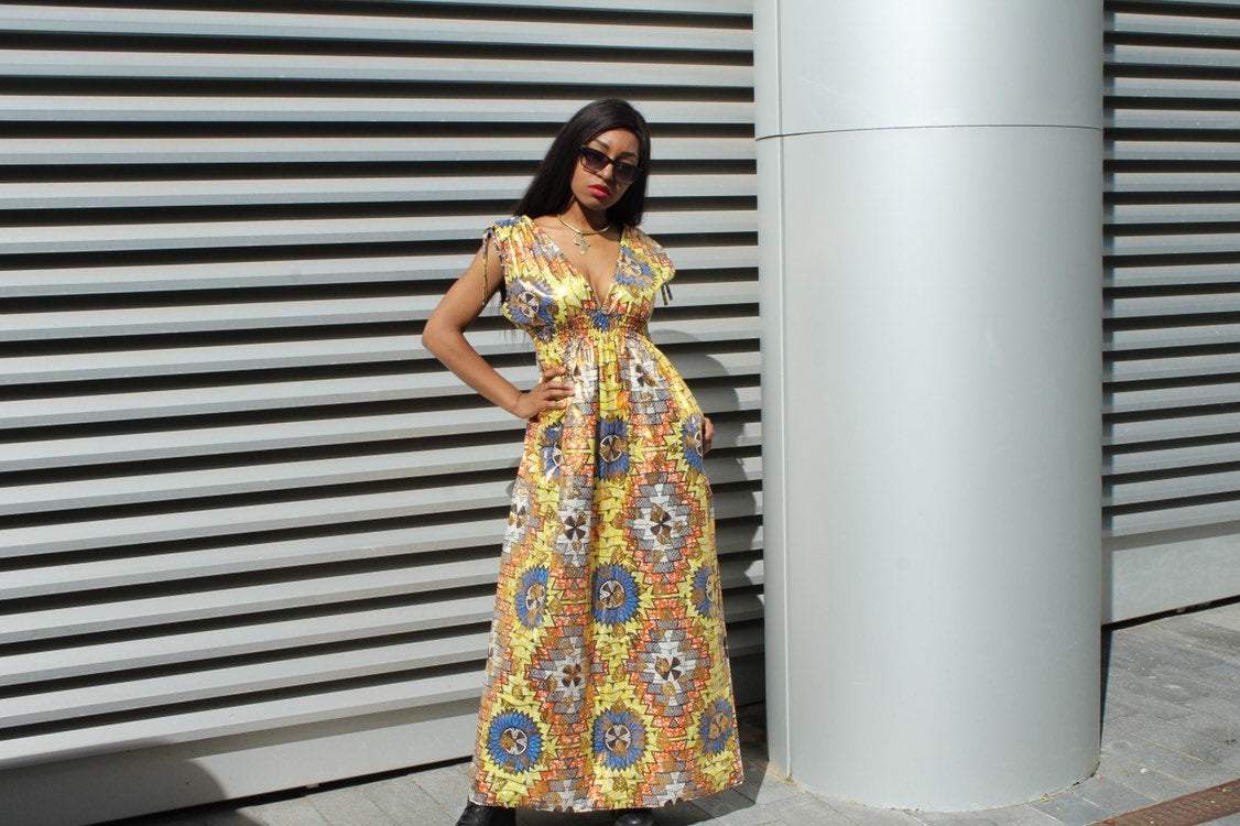 African Dress in Gold Ankara Print - Festival Dress - Continent Clothing 