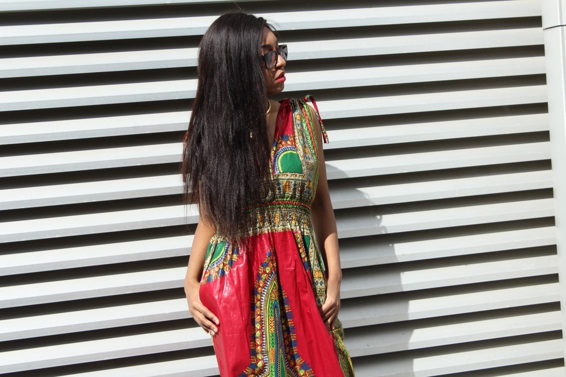 African Dress in Red Dashiki Print - Festival Dress - Continent Clothing 