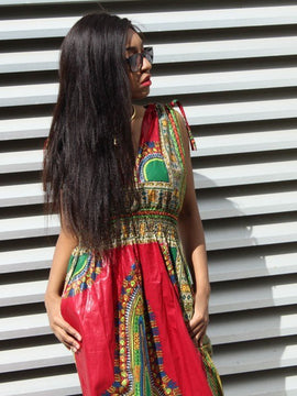 African Dress in Red Dashiki Print - Festival Dress