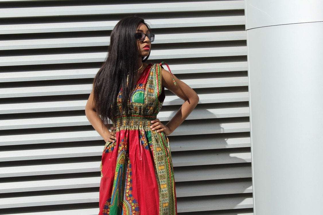 African Dress in Red Dashiki Print - Festival Dress - Continent Clothing 