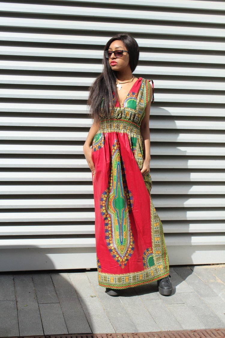 African Dress in Red Dashiki Print - Festival Dress - Continent Clothing 