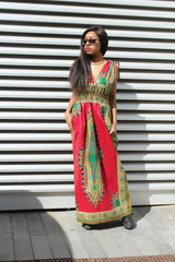 African Dress in Red Dashiki Print - Festival Dress - Continent Clothing 
