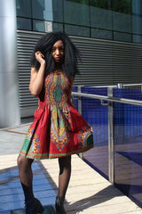 African Dress in Red Dashiki Print - Festival Dress - Continent Clothing 