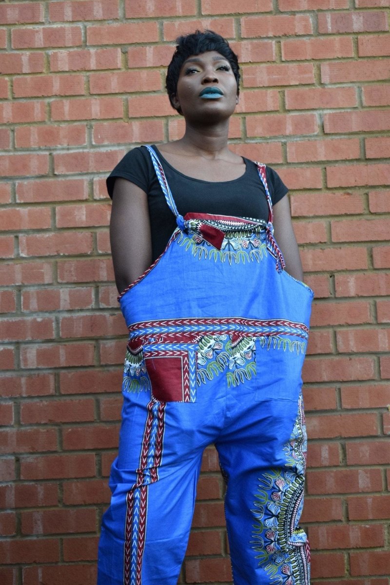 African Dungarees in Blue Dashiki Print - Festival Dungarees - Continent Clothing 