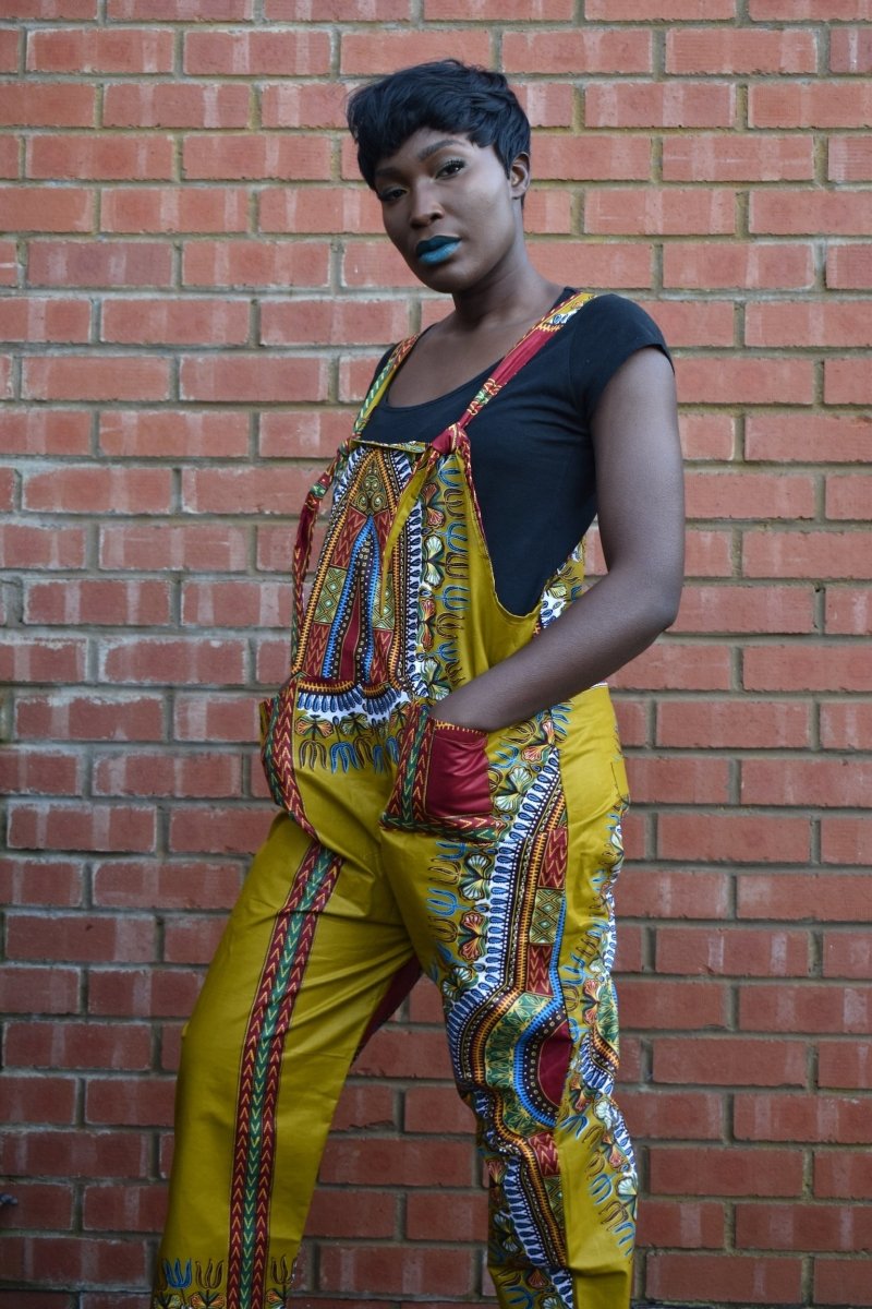 African Dungarees in Brown Dashiki Print - Festival Dungarees - Continent Clothing 