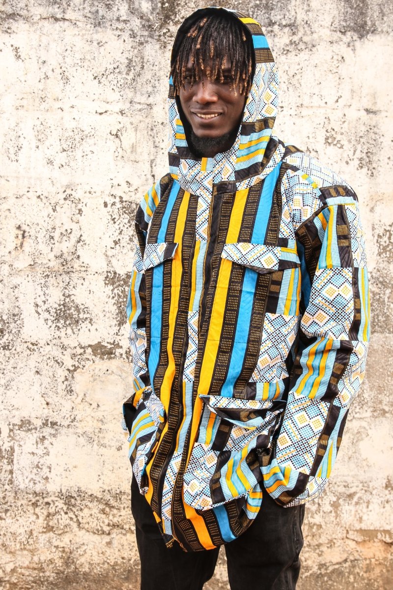 African Hooded Jacket In Blue Kente - Continent Clothing 