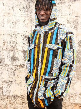 African Hooded Jacket In Blue Kente