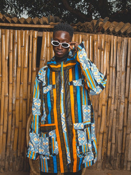 African Hooded Jacket In Blue Kente