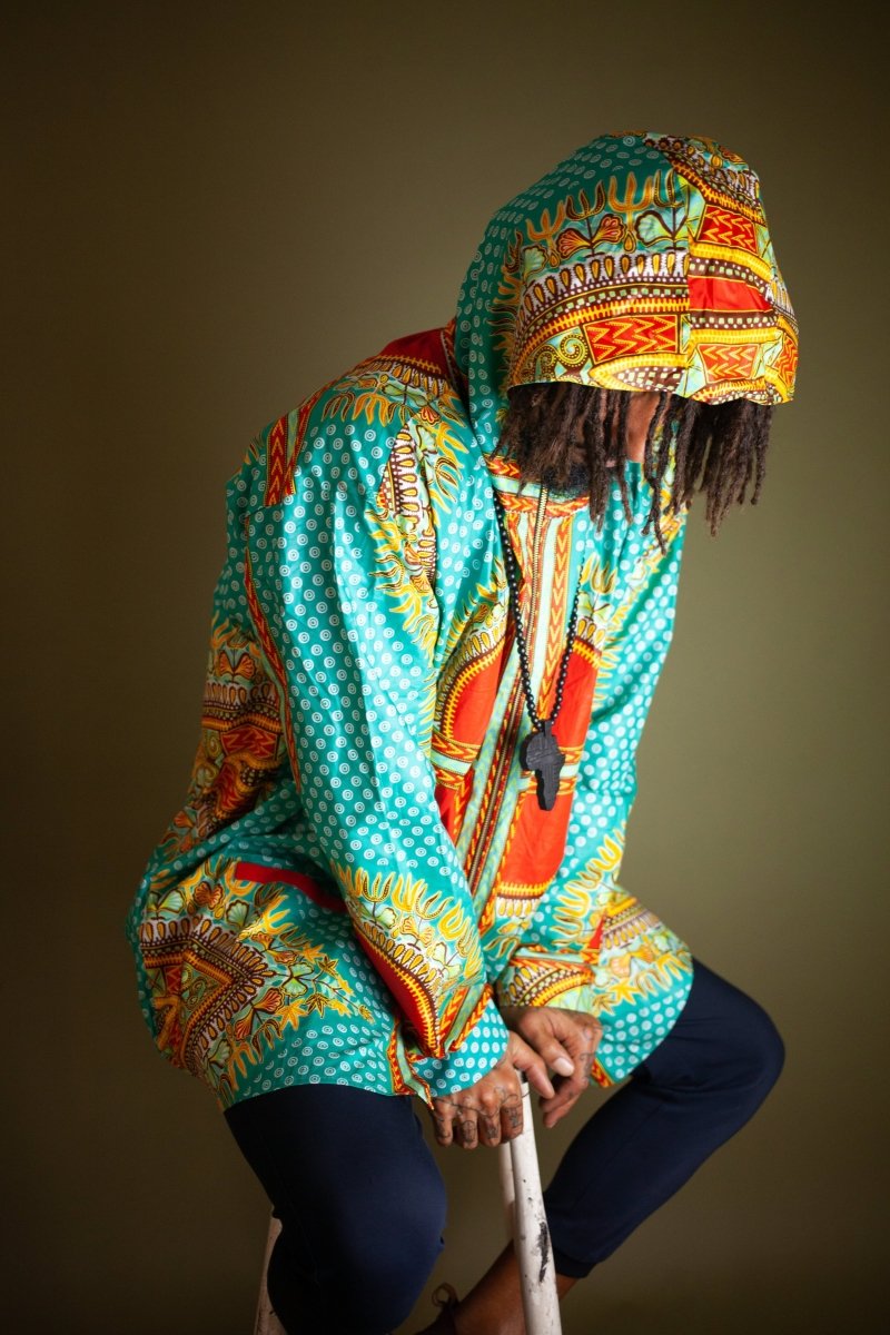 African Hooded Jacket In Turquoise Dashiki - Continent Clothing 