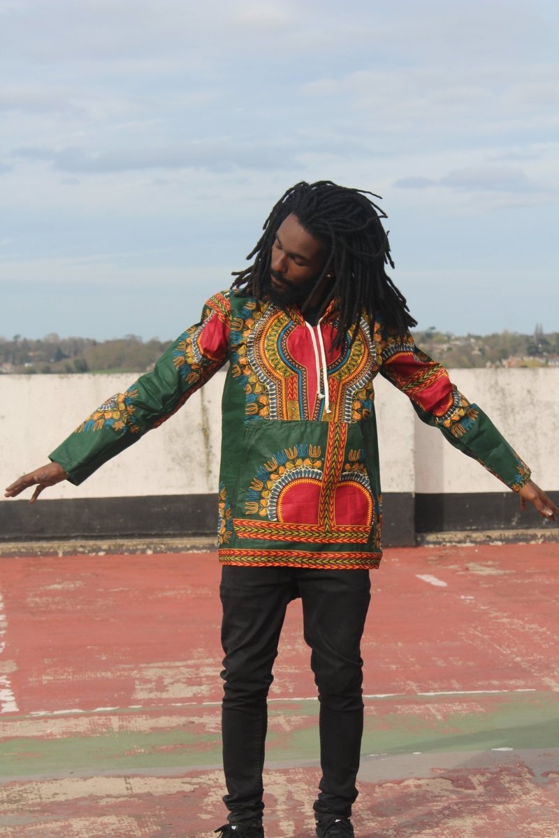 African Hoodie in Green Dashiki Print - Festival Hoodie - Continent Clothing 