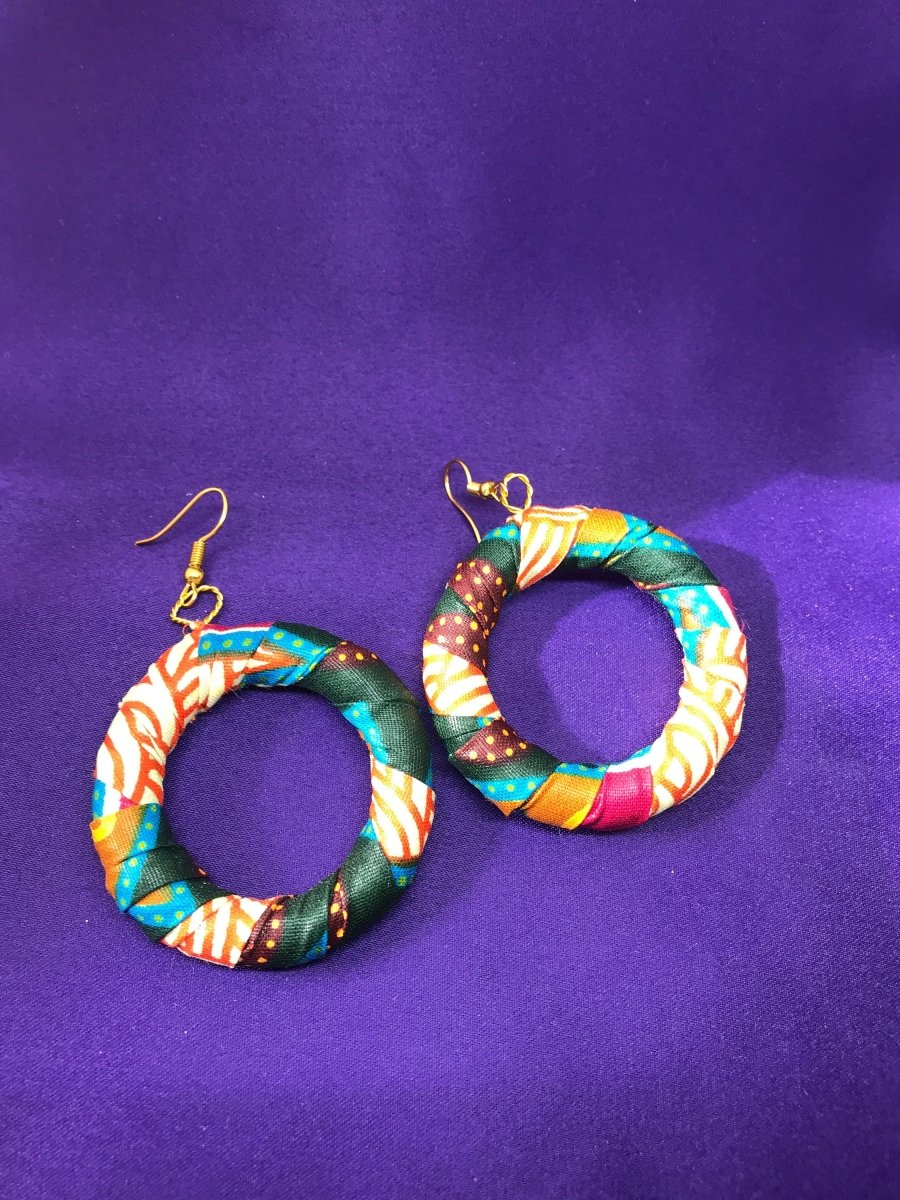 African Hoops in Black Dashiki Print - Up cycled Zero Waste Earrings - Continent Clothing 