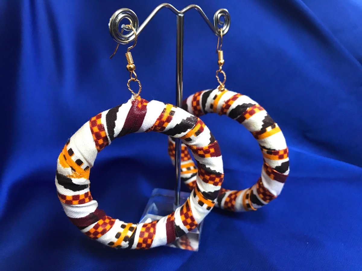 African Hoops in Black Orange White Print - Up cycled Zero Waste Earrings - Continent Clothing 