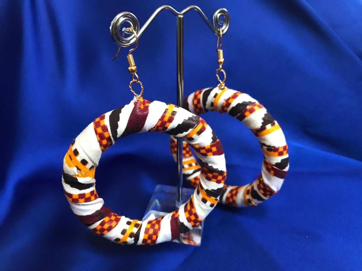 African Hoops in Black Orange White Print - Up cycled Zero Waste Earrings - Continent Clothing 
