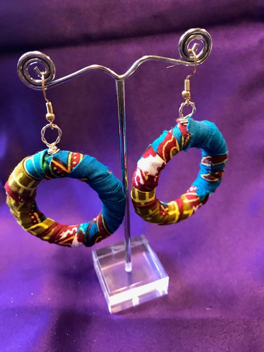 African Hoops in Blue Ankara Print - Up cycled Zero Waste Earrings - Continent Clothing 