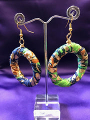 African Hoops in Gold Green Ankara Print - Up cycled Zero Waste Earrings - Continent Clothing 