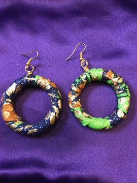 African Hoops in Gold Green Ankara Print - Up Cycled Zero Waste Earrings