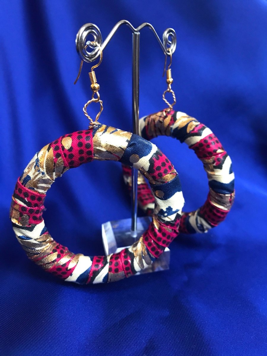 African Hoops in Gold Red Ankara Print - Up cycled Zero Waste Earrings - Continent Clothing 