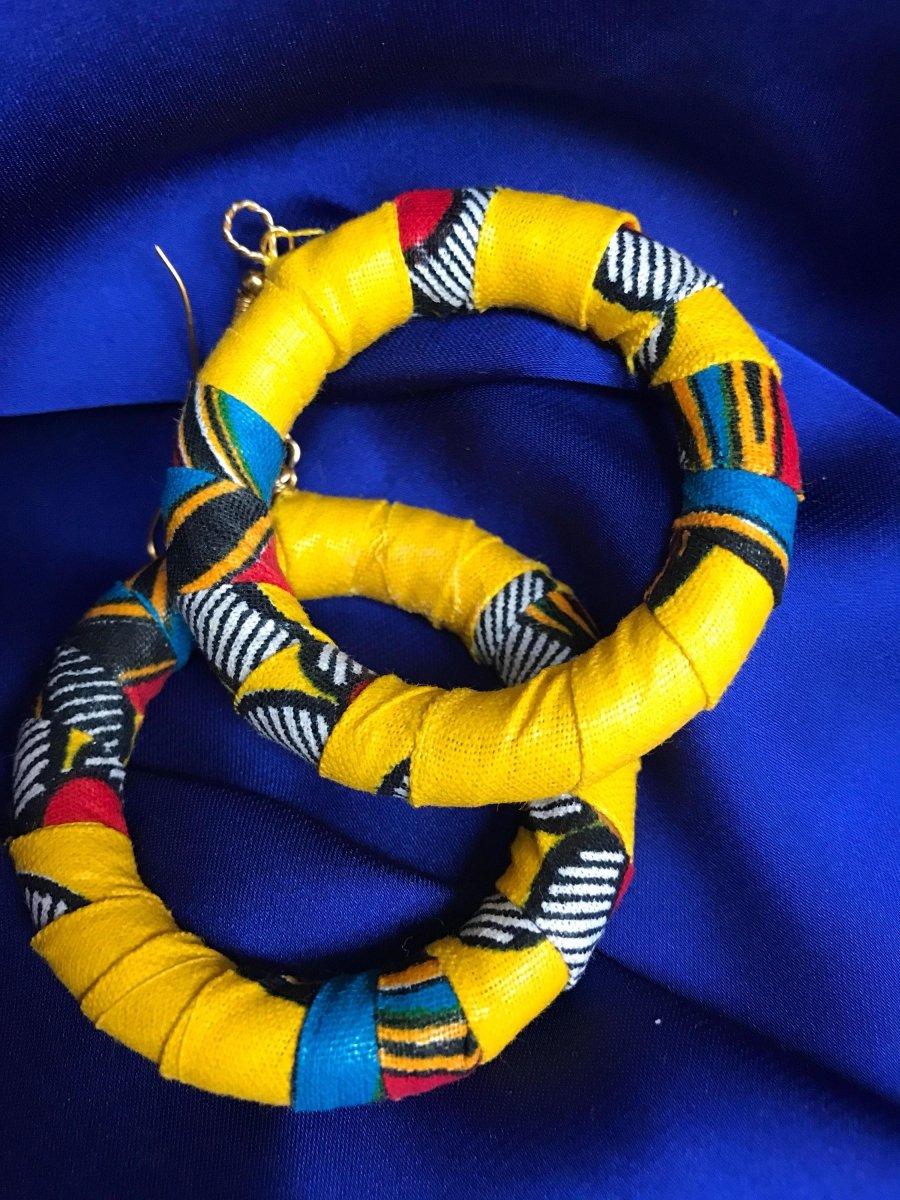 African Hoops in Yellow Ankara Print - Up cycled Zero Waste Earrings - Continent Clothing 