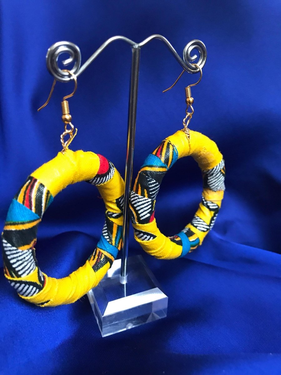 African Hoops in Yellow Ankara Print - Up cycled Zero Waste Earrings - Continent Clothing 