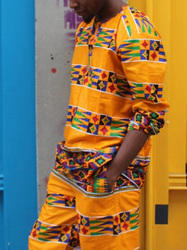 Traje de kente africano con estampado naranja - Traje del festival azteca
