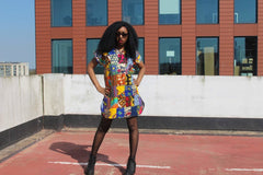 African Patchwork Dress, Shift Dress in Black Ankara Print - Festival Dress - Continent Clothing 
