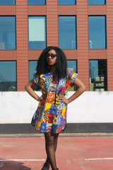 African Patchwork Dress, Shift Dress in Black Ankara Print - Festival Dress - Continent Clothing 