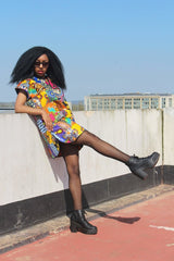 African Patchwork Dress, Shift Dress in Black Ankara Print - Festival Dress - Continent Clothing 