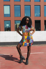 African Patchwork Dress, Shift Dress in Black Ankara Print - Festival Dress - Continent Clothing 