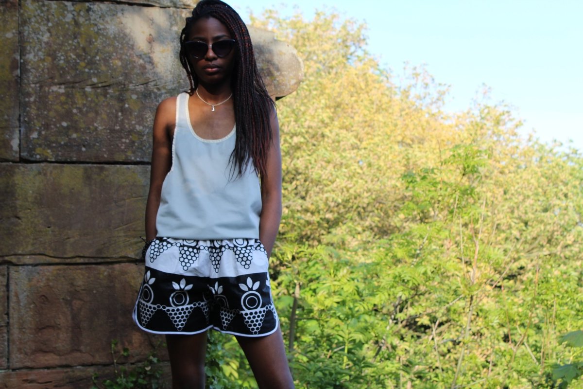 African Print Shorts in Black White Ankara Print - Festival Shorts - Continent Clothing 