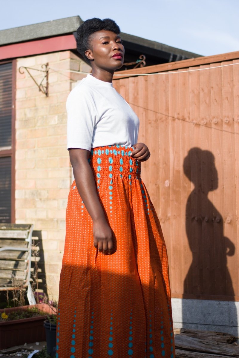 African Print Skirt in Orange Ankara Print - Festival Skirt - Continent Clothing 