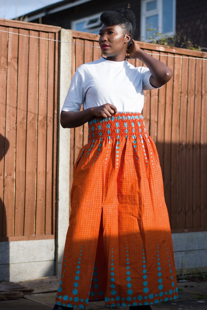 African Print Skirt in Orange Ankara Print - Festival Skirt - Continent Clothing 