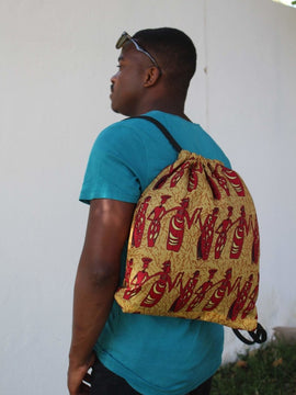 African Print String Bag in Brown Tribal Print