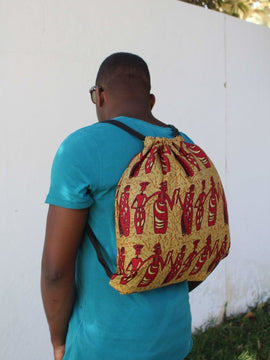 African Print String Bag in Brown Tribal Print