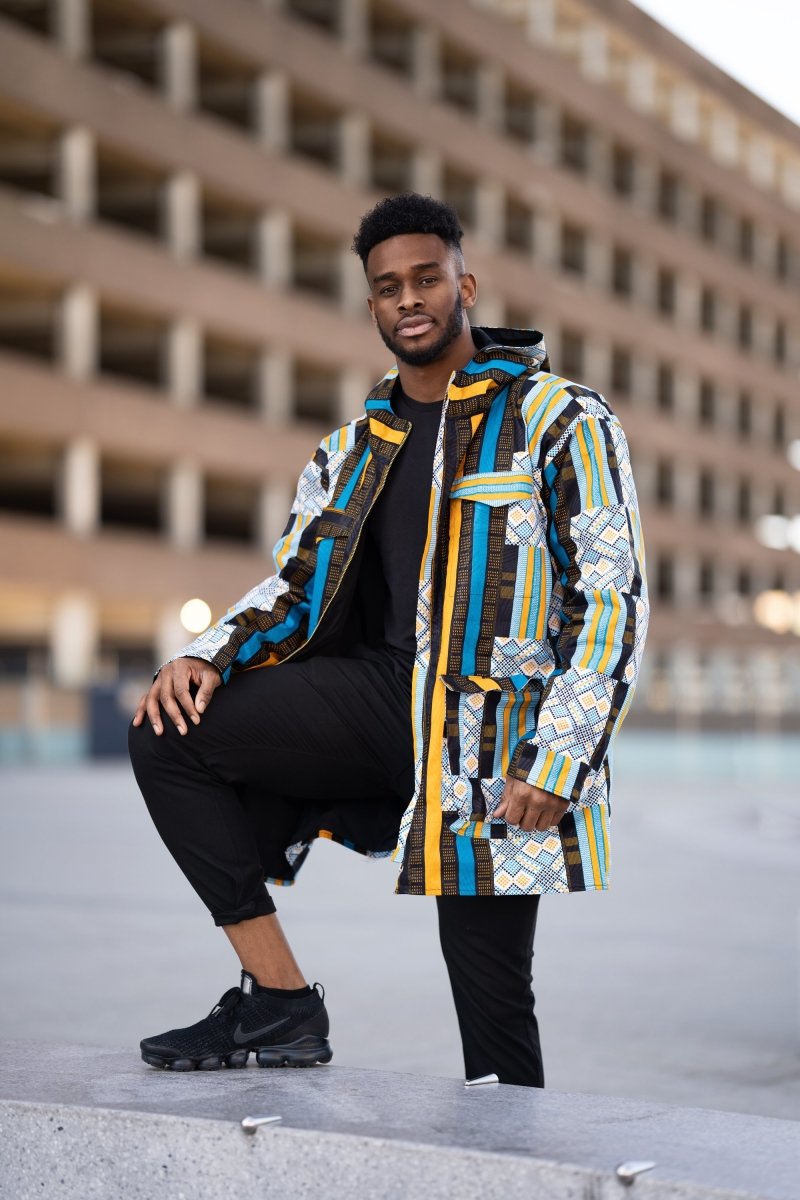 African Puffer Jacket In Blue Kente - The Continent Clothing