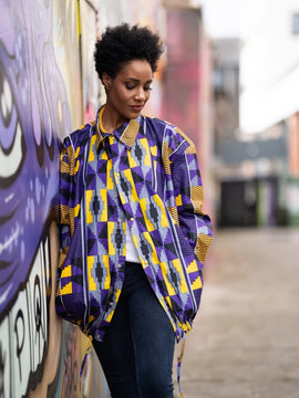African Puffer Jacket In Purple Kente