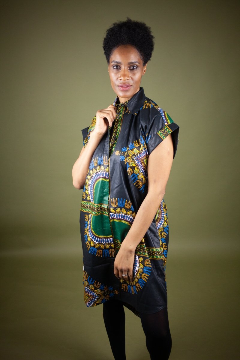African Shirt Dress in Black Dashiki - Continent Clothing 