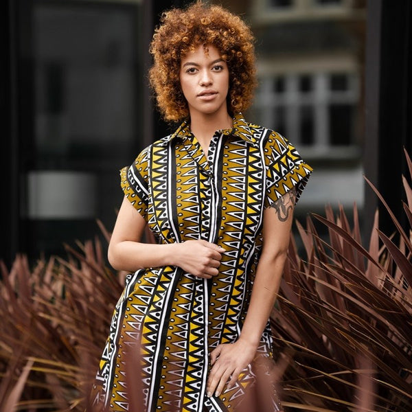 african shirt dresses for ladies Lenia African Print Shirt Dress (Orange)