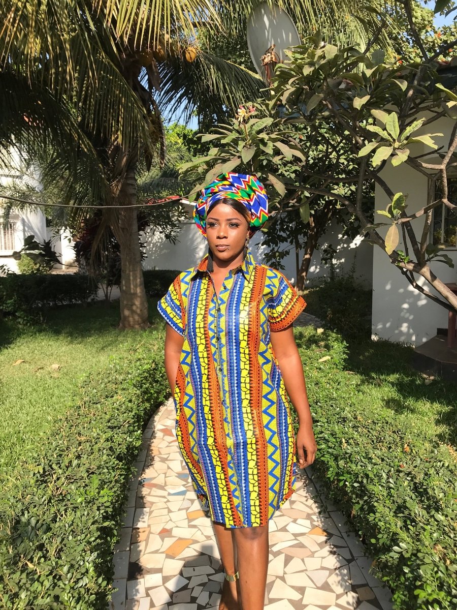 African Shirt Dress In Gold Ankara Print - Festival Dress - Continent Clothing 