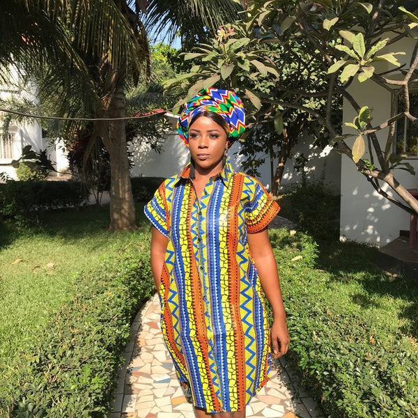 African Shirt Dress In Gold Ankara Print - Festival Dress