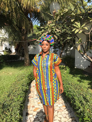 African Shirt Dress In Gold Ankara Print - Festival Dress - Continent Clothing 