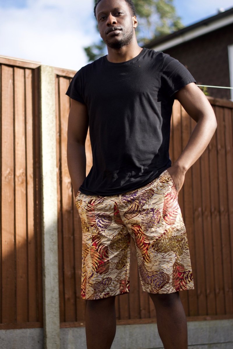 African Shorts in Gold Ankara - Festival Shorts - Continent Clothing 