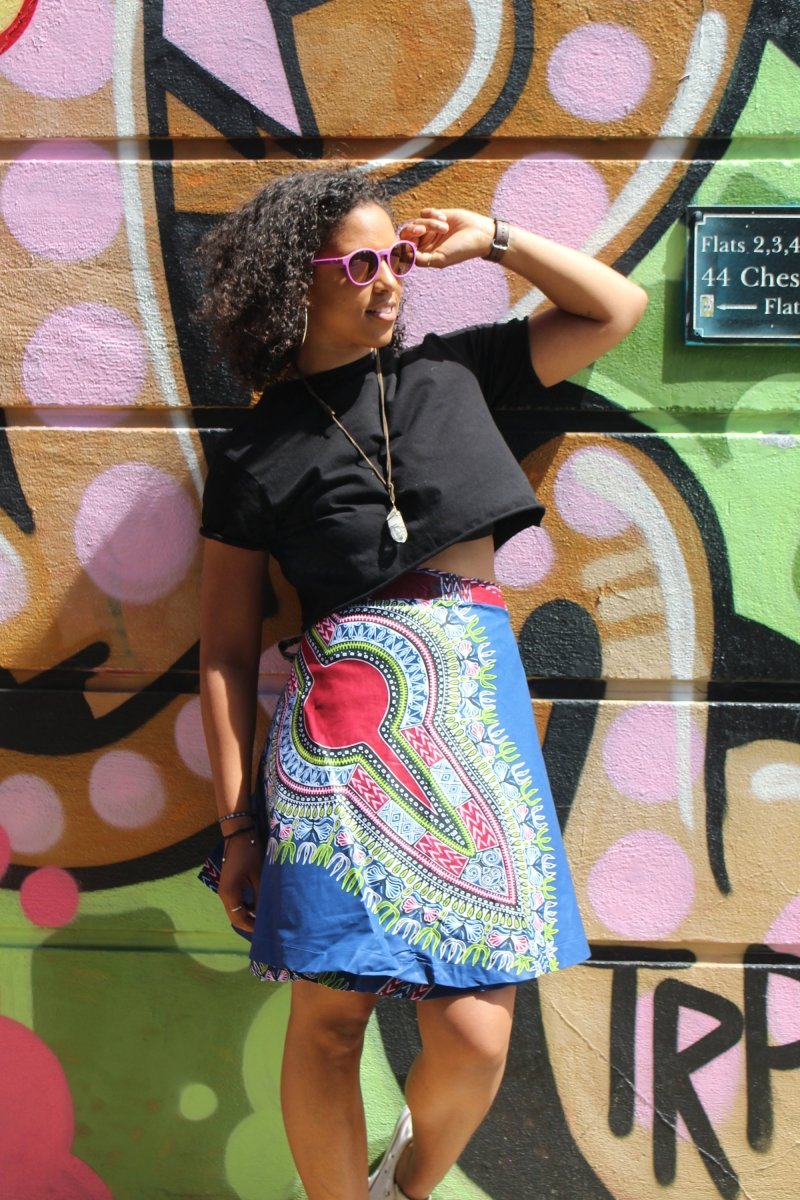 African Skirt, Wrap Skirt in Blue Dashiki Print - Beach Skirt - Continent Clothing 