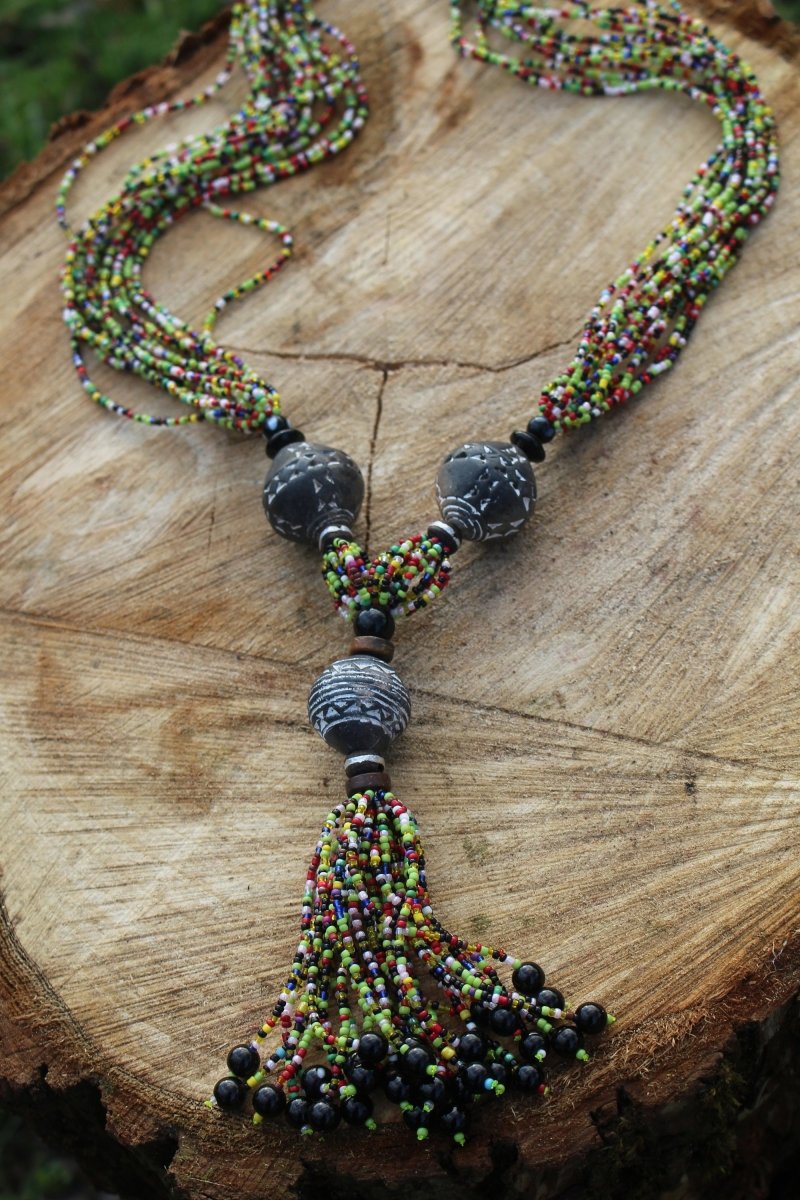 African beaded fringe necklace blue jewelry | NAHERI