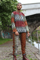African Suit in Orange Red Print - Aztec Festival Outfit - Continent Clothing 