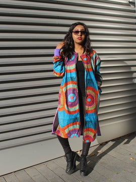 African Trench Coat in Blue Ankara Print - Festival Coat