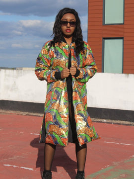 African Trench Coat in Gold Green Ankara Print
