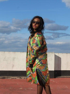 African Trench Coat in Gold Green Ankara Print