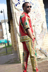 African Trousers/Pants in Red Dashiki - Festival Trousers - Continent Clothing 