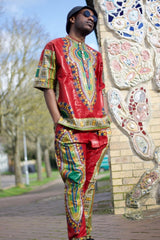 African Trousers/Pants in Red Dashiki - Festival Trousers - Continent Clothing 